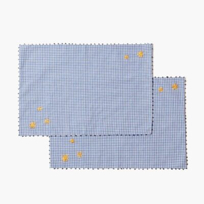 Home Chan Luu  | Blue Gingham Embroidered Placemat Set