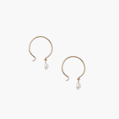 14k Belle Hoop Earrings Mini White Pearl