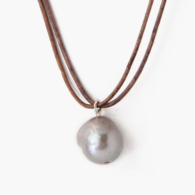 Grey Baroque Pearl on Leather Cord Necklace