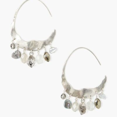 Jewelry Chan Luu  | Crescent Grey Pearl And Herkimer Mix Silver Hoop Earrings