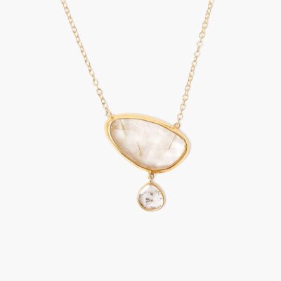 14k Quartz Diamond Drop Gold Cliff Necklace