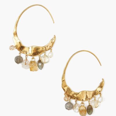 Crescent Cream Pearl and Citrine Mix Gold Hoop Earrings