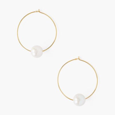 White Floating Pearl Gold Hoop Earrings