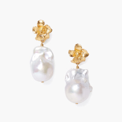 Gold Hibiscus Pearl Drop Earrings