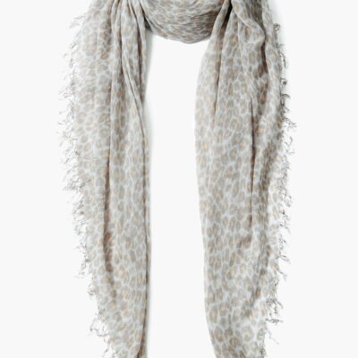 White Leopard Print Cashmere and Silk  Scarf