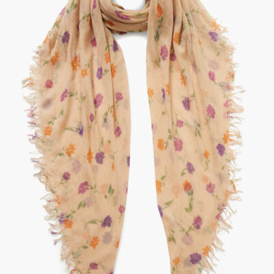 Cream Valentina Floral Print Cashmere and Silk Scarf