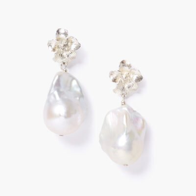 Silver Hibiscus Pearl Drop Earrings