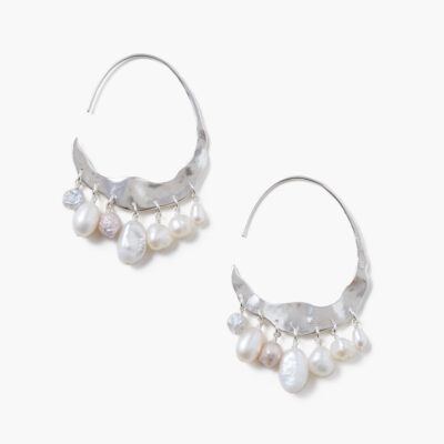 Crescent White Pearl and Silver Hoop Earrings