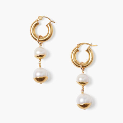 Gold Dipped Tiered Hoop Earrings White Pearl