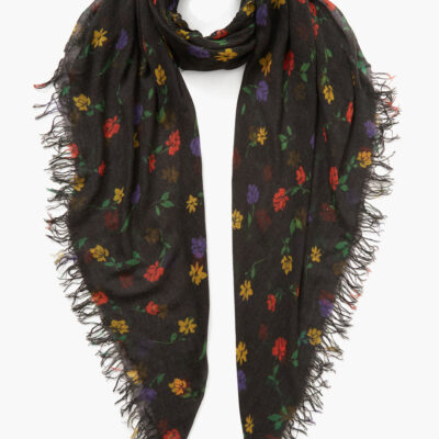 Black Valentina Floral Print Cashmere and Silk Scarf